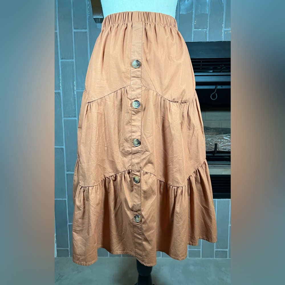 Mikarose Circle Tiered Button Skirt In Cognac Small - Picture 5 of 9